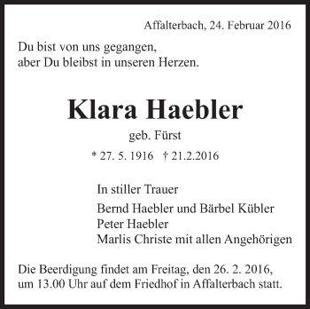 Traueranzeige von Klara Haebler von Marbacher Zeitung