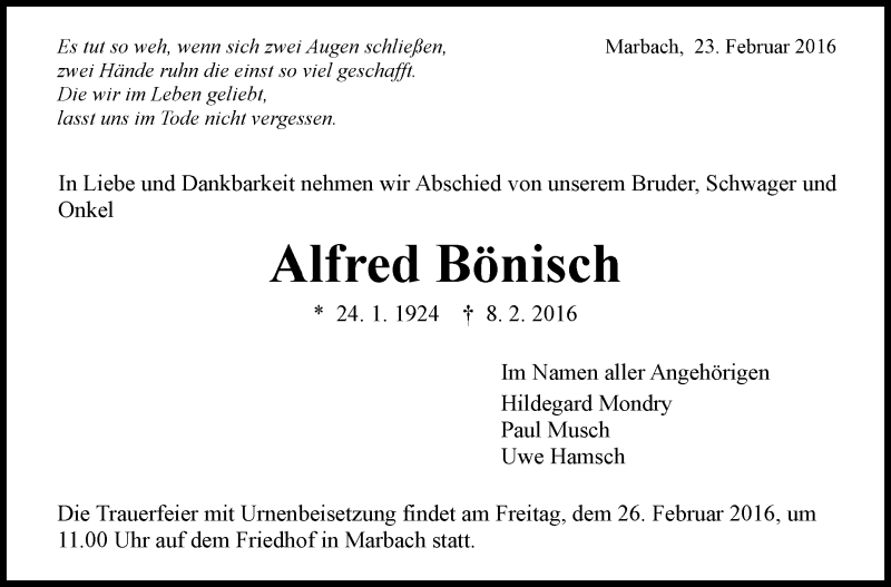  Traueranzeige für Alfred Bönisch vom 23.02.2016 aus Marbacher Zeitung