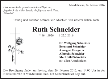 Traueranzeige von Ruth Schneider von Marbacher Zeitung