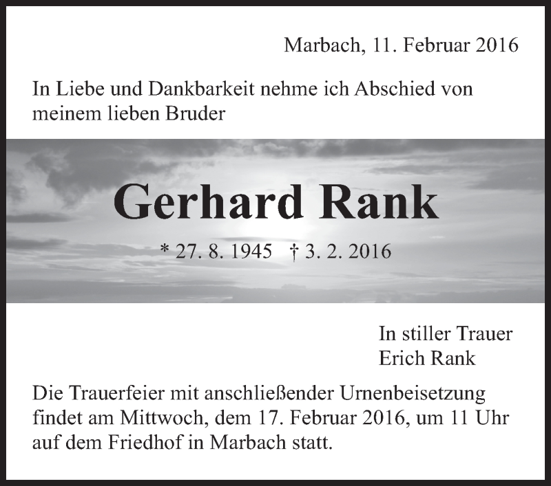  Traueranzeige für Gerhard Rank vom 11.02.2016 aus Marbacher Zeitung