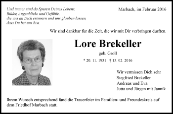 Traueranzeige von Lore Brekeller von Marbacher Zeitung