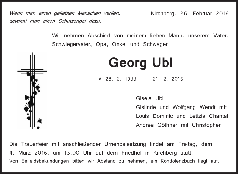  Traueranzeige für Georg Ubl vom 26.02.2016 aus Marbacher Zeitung