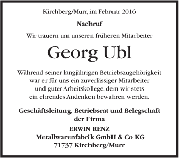 Traueranzeige von Georg Ubl von Marbacher Zeitung