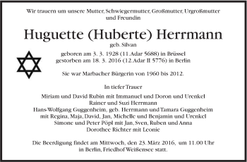 Traueranzeige von Huguette Herrmann von Marbacher Zeitung