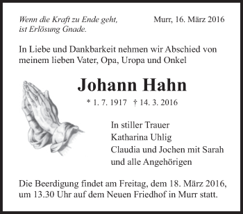 Traueranzeige von Johann Hahn von Marbacher Zeitung