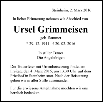 Traueranzeige von Ursel Grimmeisen von Marbacher Zeitung