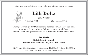 Traueranzeige von Lilli Boltz von Marbacher Zeitung