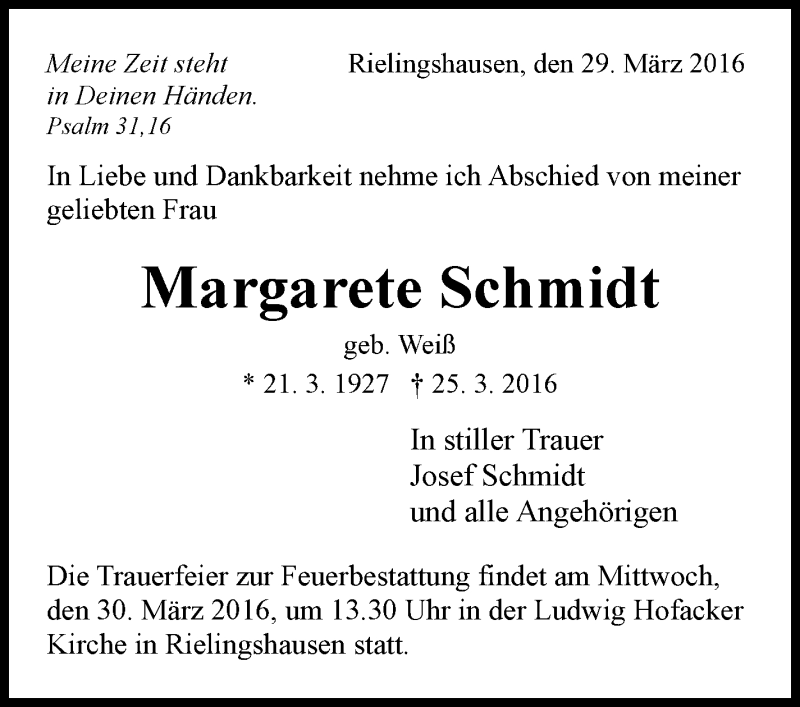  Traueranzeige für Margarete Schmidt vom 29.03.2016 aus Marbacher Zeitung