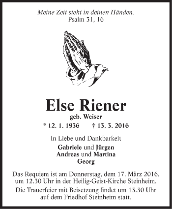 Traueranzeige von Else Riener von Marbacher Zeitung