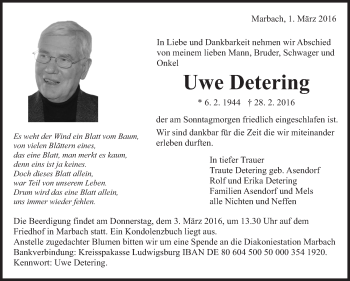 Traueranzeige von Uwe Detering von Marbacher Zeitung