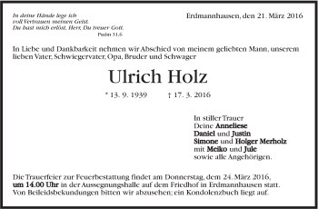 Traueranzeige von Ulrich Holz von Marbacher Zeitung