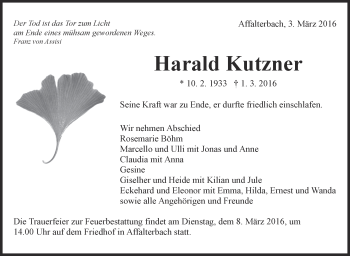 Traueranzeige von Harald Kutzner von Marbacher Zeitung