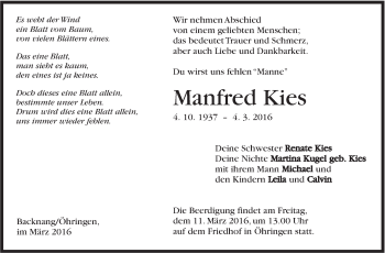 Traueranzeige von Manfred Kies von Marbacher Zeitung