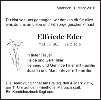 Traueranzeige von Elfriede Eder von Marbacher Zeitung