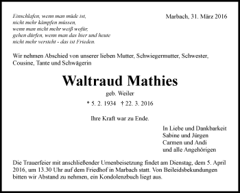 Traueranzeige von Waltraud Mathies von Marbacher Zeitung