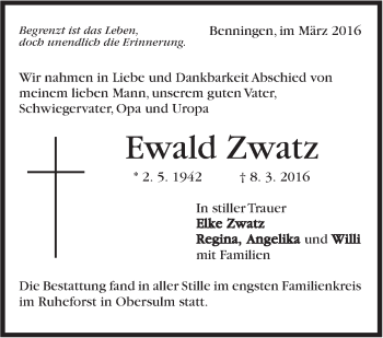 Traueranzeige von Ewald Zwatz von Marbacher Zeitung