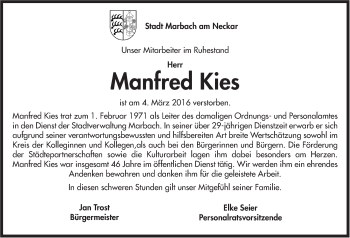Traueranzeige von Manfred Kies von Marbacher Zeitung