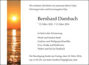 Traueranzeige von Bernhard Dambach von Marbacher Zeitung