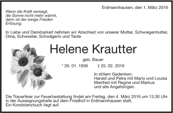 Traueranzeige von Helene Krautter von Marbacher Zeitung