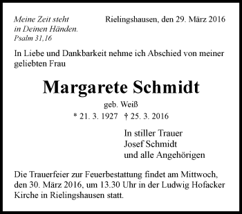 Traueranzeige von Margarete Schmidt von Marbacher Zeitung