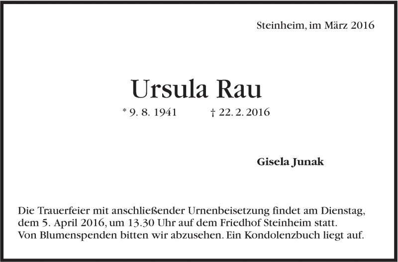  Traueranzeige für Ursula Rau vom 31.03.2016 aus Marbacher Zeitung