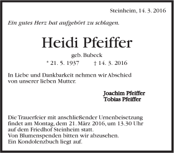 Traueranzeige von Heidi Pfeiffer von Marbacher Zeitung