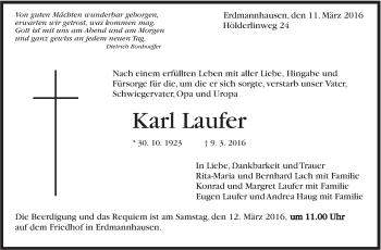 Traueranzeige von Karl Laufer von Marbacher Zeitung