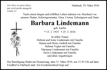 Traueranzeige von Barbara Lindemann von Marbacher Zeitung