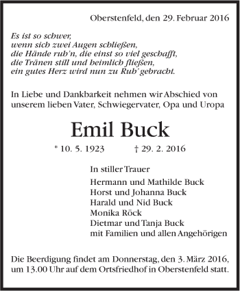 Traueranzeige von Emil Buck von Marbacher Zeitung