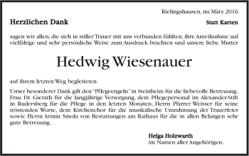 Traueranzeige von Hedwig Wiesenauer von Marbacher Zeitung