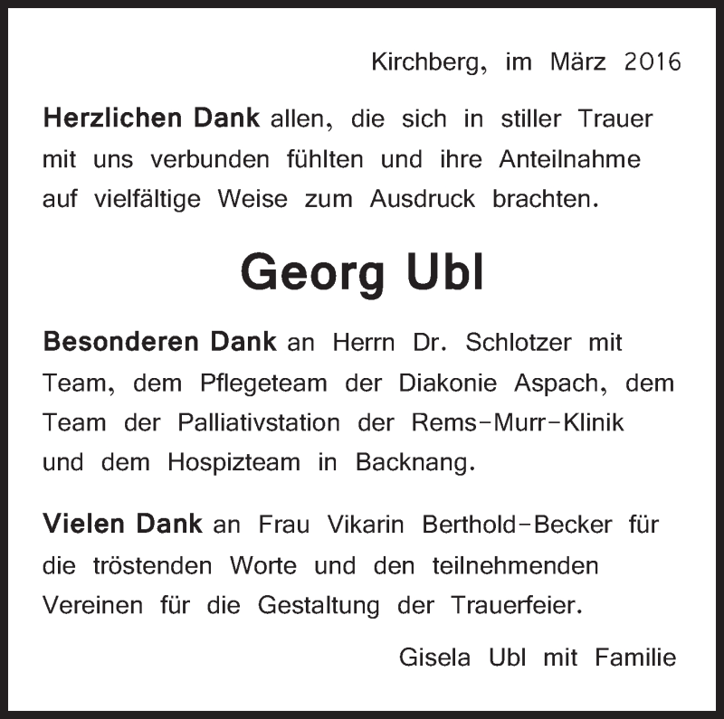  Traueranzeige für Georg Ubl vom 19.03.2016 aus Marbacher Zeitung