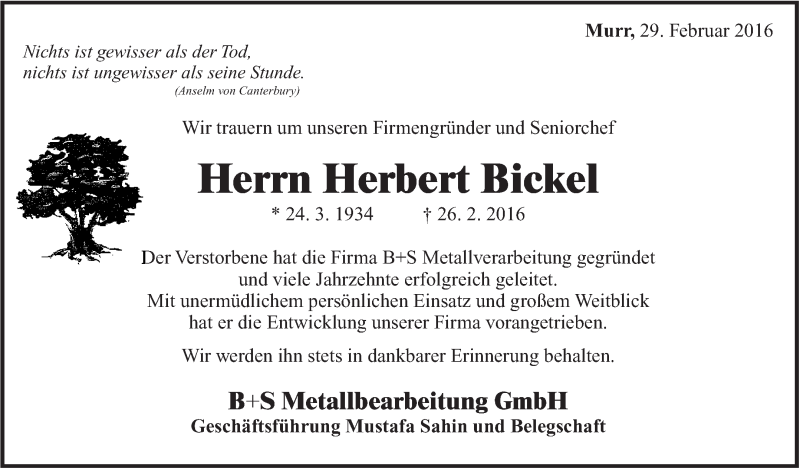  Traueranzeige für Herbert Bickel vom 02.03.2016 aus Marbacher Zeitung