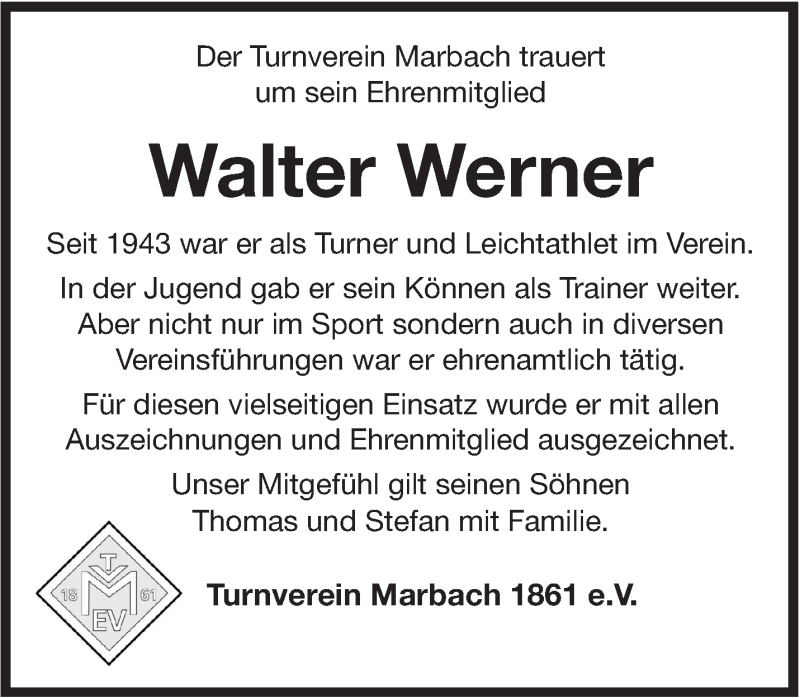  Traueranzeige für Walter Werner vom 22.03.2016 aus Marbacher Zeitung