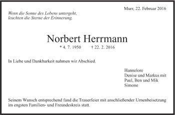 Traueranzeige von Norbert Herrmann von Marbacher Zeitung