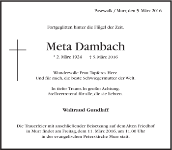 Traueranzeige von Meta Dambach von Marbacher Zeitung