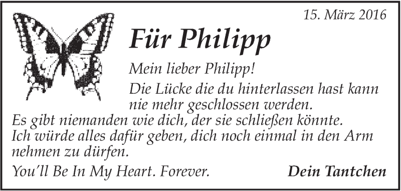  Traueranzeige für Philipp  vom 15.03.2016 aus Marbacher Zeitung