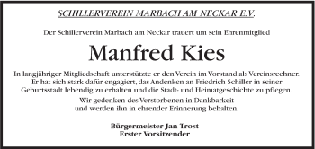 Traueranzeige von Manfred Kies von Marbacher Zeitung