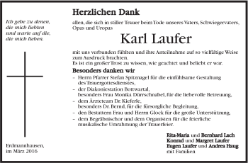Traueranzeige von Karl Laufer von Marbacher Zeitung