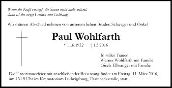 Traueranzeige von Paul Wohlfarth von Marbacher Zeitung