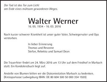 Traueranzeige von Walter Werner von Marbacher Zeitung