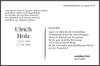 Traueranzeige von Ulrich Holz von Marbacher Zeitung
