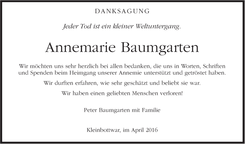  Traueranzeige für Annemarie Baumgarten vom 30.04.2016 aus Marbacher Zeitung