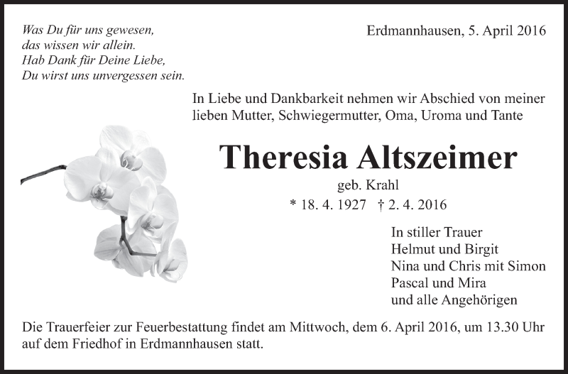  Traueranzeige für Theresia Altszeimer vom 05.04.2016 aus Marbacher Zeitung