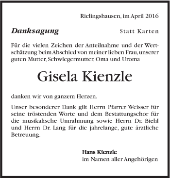 Traueranzeige von Gisela Kienzle von Marbacher Zeitung