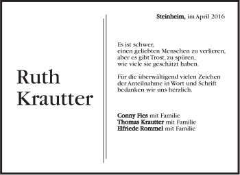 Traueranzeige von Ruth Krautter von Marbacher Zeitung