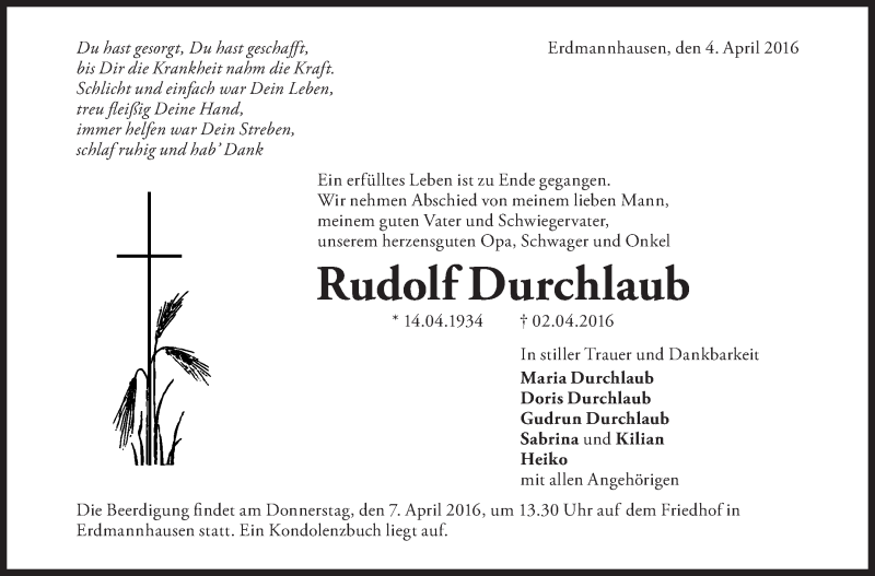  Traueranzeige für Rudolf Durchlaub vom 04.04.2016 aus Marbacher Zeitung
