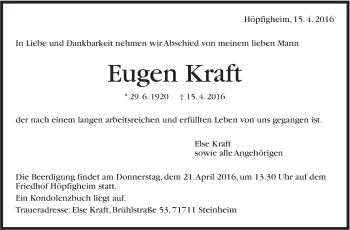 Traueranzeige von Eugen Kraft von Marbacher Zeitung