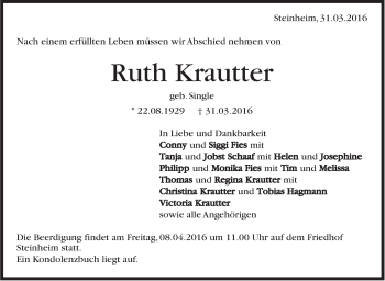 Traueranzeige von Ruth Krautter von Marbacher Zeitung