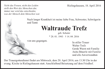 Traueranzeige von Waltraude Trefz von Marbacher Zeitung