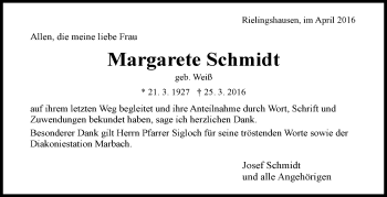 Traueranzeige von Margarete Schmidt von Marbacher Zeitung